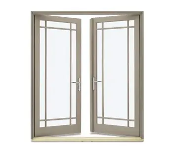 Double glass doors with beige frames partially open, featuring minimalistic grid patterns and silver handles.