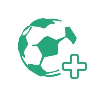 Green and white soccer ball with a medical cross symbol indicating health or sports medicine