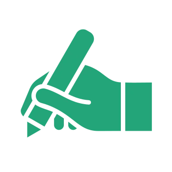 Green icon of a hand holding a pen ready to write on black background
