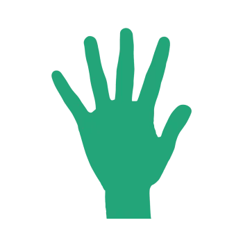 Green silhouette of an open human hand with five fingers spread out on a black background