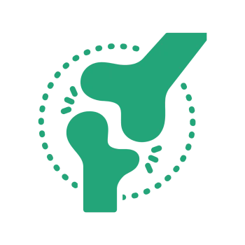Green stylized illustration of two bones forming a joint with a dotted circle around them.