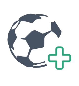 Soccer ball with a green medical cross symbol inside a white circle representing sports healthcare or injury care.