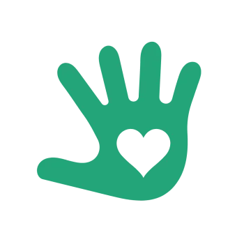 Green handprint with a heart shape cutout in the center on a black background symbolizing care and kindness.