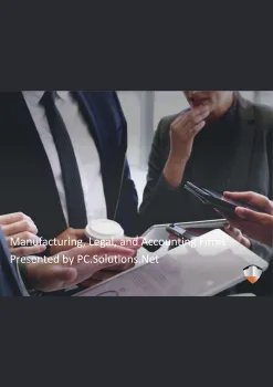Business professionals discussing documents and using digital devices in a corporate meeting setting.