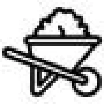 Black and white line drawing of a wheelbarrow filled with material on a white background