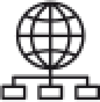 Black network globe icon with three connected nodes representing global connectivity and networking.