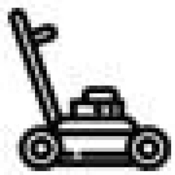 Black and white line drawing of a lawn mower with handle and wheels.