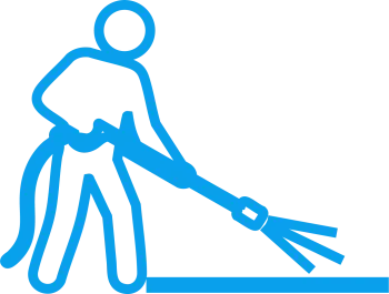Blue line icon of a person using a pressure washer to clean a surface with water spray.