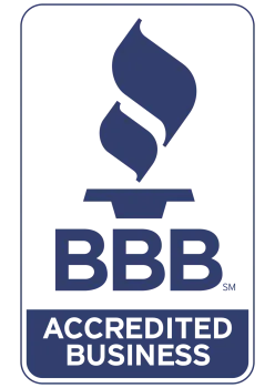 Blue Better Business Bureau logo with torch symbol and Accredited Business text inside rounded rectangle