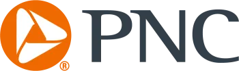 PNC logo with orange circular icon featuring white triangular shapes and dark gray text.