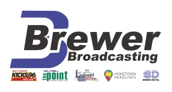 Brewer Broadcasting logo with stations KICKS 96, The Point, The Legend, Hometown Headlines, and Brewer Digital icons