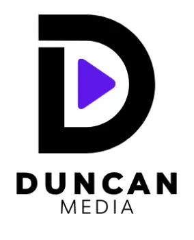 Duncan Media logo featuring a stylized black letter D with a purple play button inside on white background.