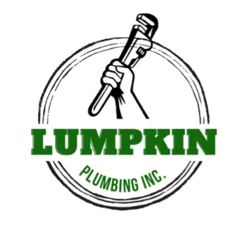 Logo for Lumpkin Plumbing Inc. featuring a hand holding a pipe wrench inside a circular border with bold green text.