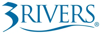 Logo of 3 Rivers featuring a stylized number three and blue wave under the text.