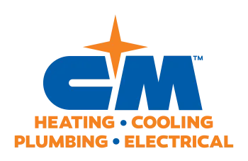 C M logo with heating, cooling, plumbing, and electrical services highlighted in orange and blue text