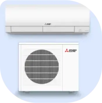 White Mitsubishi air conditioner split unit with indoor and outdoor components on a light blue background