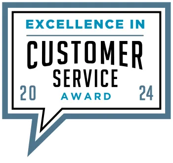 Excellence in Customer Service Award 2024 in speech bubble style design with blue and black text