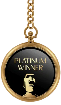 Gold medal with chain labeled Platinum Winner featuring a stylized golden Moai statue on black background.