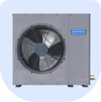 Gray outdoor air conditioning unit with large fan and blue label on a light background