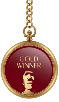 Gold pocket watch medal with chain and red face labeled Gold Winner with Easter Island Moai statue icon
