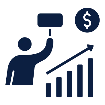 Icon of person holding sign with upward bar chart and dollar symbol representing financial growth