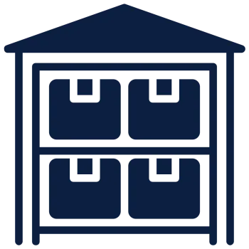 Icon of warehouse storage with four boxed packages on two shelves inside a building structure