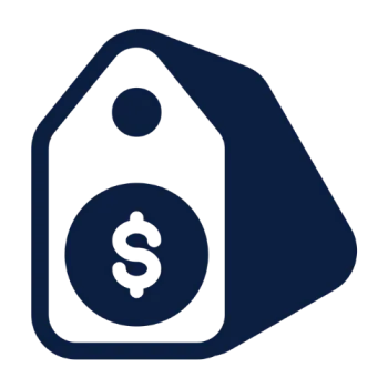 Dark blue price tag icon with a dollar sign symbol on a transparent background