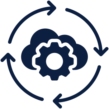 Cloud computing gear icon in center with circulating arrows symbolizing automation and continuous integration process.