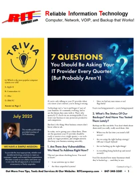 Information technology newsletter page showing IT questions, trivia, and company mission statement.