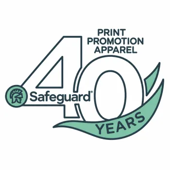 Safeguard 40 years logo celebrating print promotion apparel with green and black design elements.