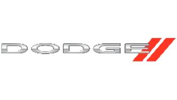 Silver Dodge logo with two red slanted stripes on a black background