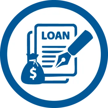 Blue icon of a loan document, pen signing it, and money bag with dollar sign inside a circle.