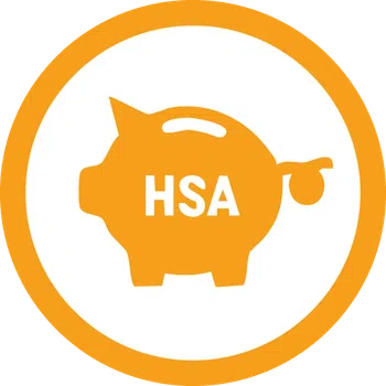 Orange piggy bank icon with HSA text and coin slot inside an orange-bordered white circle