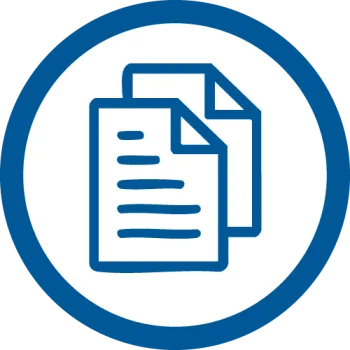 Blue icon of two overlapping document sheets inside a blue circular border on white background