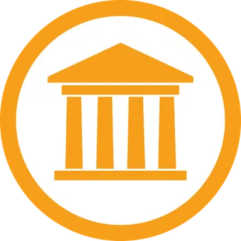 Orange classical courthouse icon with four pillars inside a white and orange circular border