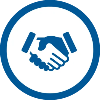 Blue handshake icon inside a blue circular border symbolizing agreement and partnership.