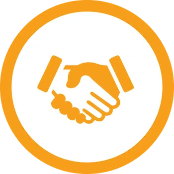 Orange handshake icon inside a white circle with an orange border symbolizing agreement or partnership.