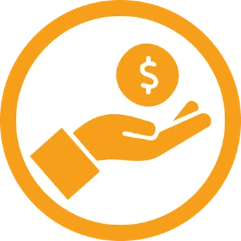 Orange hand icon holding a dollar coin symbol inside an orange-bordered circle