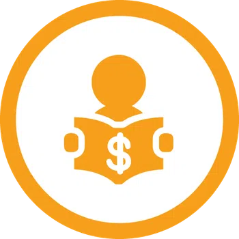 Orange icon of a person reading a document with a dollar sign inside a circular frame