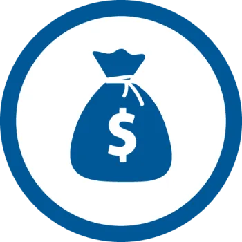 Blue money bag icon with dollar sign inside a white circle with a blue border.