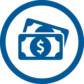 Blue dollar bills icon with two overlapping banknotes inside a blue circular border on white background
