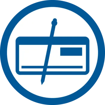 Blue and white icon of a rectangular card with a pen crossing over it inside a blue circle.