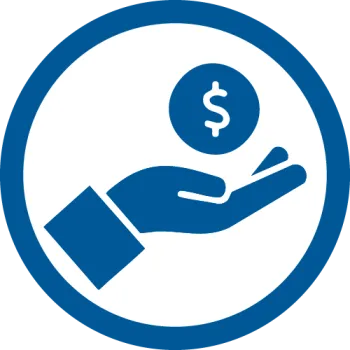 Blue hand icon holding a coin with dollar sign inside a circular border representing money or payment