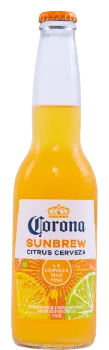 Bottle of Corona Sunbrew Citrus Cerveza with orange and lime label and cap, refreshing citrus beer.