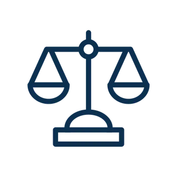 Blue outlined icon of a balanced scale symbolizing justice on a white background