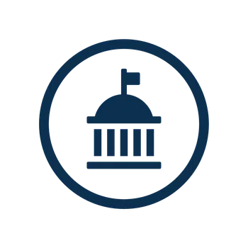Blue icon of a government building with a dome and flag within a circle on transparent background