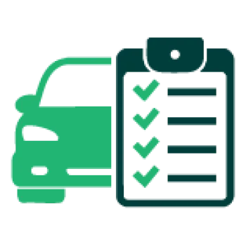 Green car icon next to a checklist on a clipboard with four checked items, symbolizing vehicle inspection or approval.