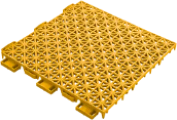 Yellow plastic interlocking tile with lattice pattern and tabs for connecting multiple tiles