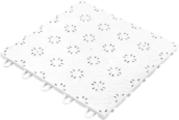 White interlocking floor tile with circular perforated patterns and textured surface for drainage.