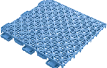 Blue plastic interlocking tile with a grid pattern and connectors for modular flooring systems.